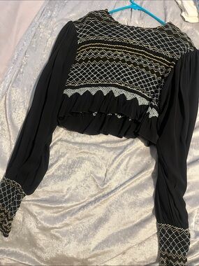 Free People Black Embroidered Long-Sleeve Cropped Blouse